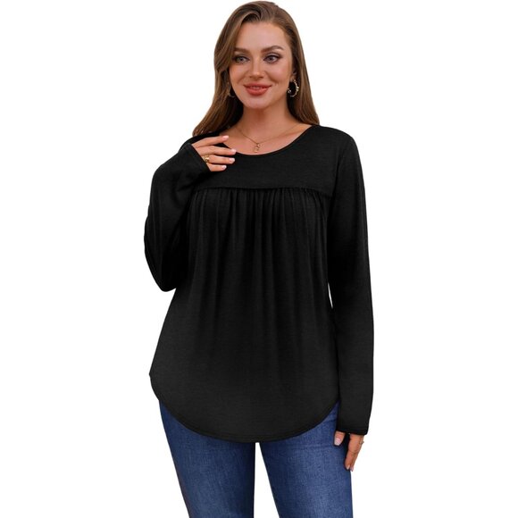 Long Sleeve Shirts for Women Pleated Fall Tops Crewneck Casual Tunic Tops to Wea - Picture 3 of 5